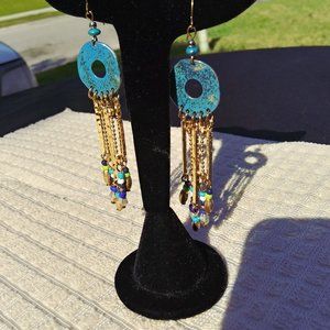Blue and Gold Tone Handmade Dangling Pierced Earrings 3"